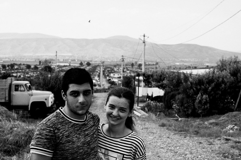 A young and newly married couple in Tserovani. People went to live here in small cottages after the Russia-Georgia war in August 2008.