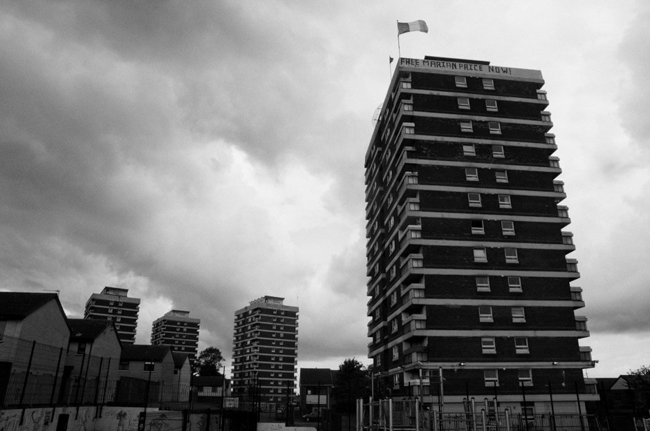 "Free Marian Price now!" on top of building in the nationalist New Lodge/Belfast.