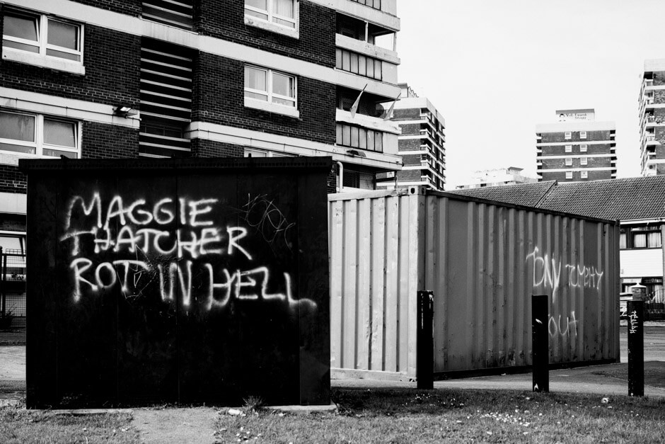 "Maggie Thatcher rot in hell"-graffiti in the Irish Republican neighborhood New Lodge in Belfast.