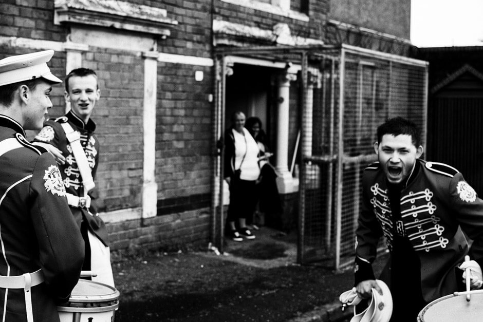 Young Loyalist bandsman preparing to march at Clifton Street Orange Hall in North Belfast.