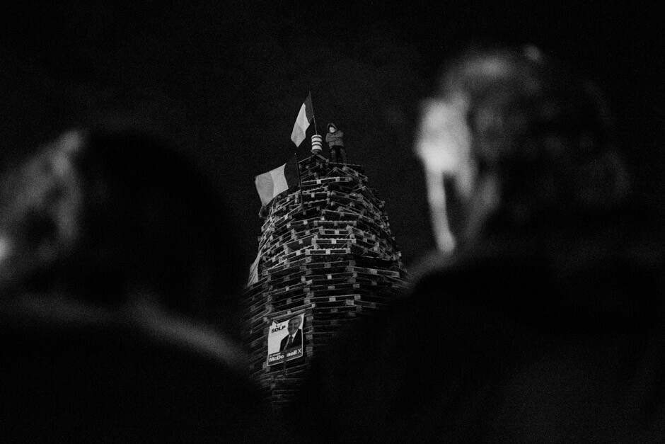 Loyalist hood on top of a bonfire on the 11th night in East Belfast.