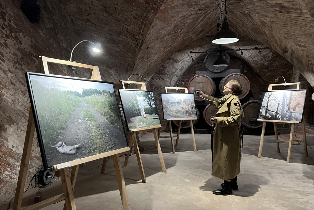 Person in beigem Mantel betrachtet großformatige Fotografien auf Staffeleien in einem gewölbten, backsteinernen Ausstellungsraum des Mahnmals St. Nikolai in Hamburg