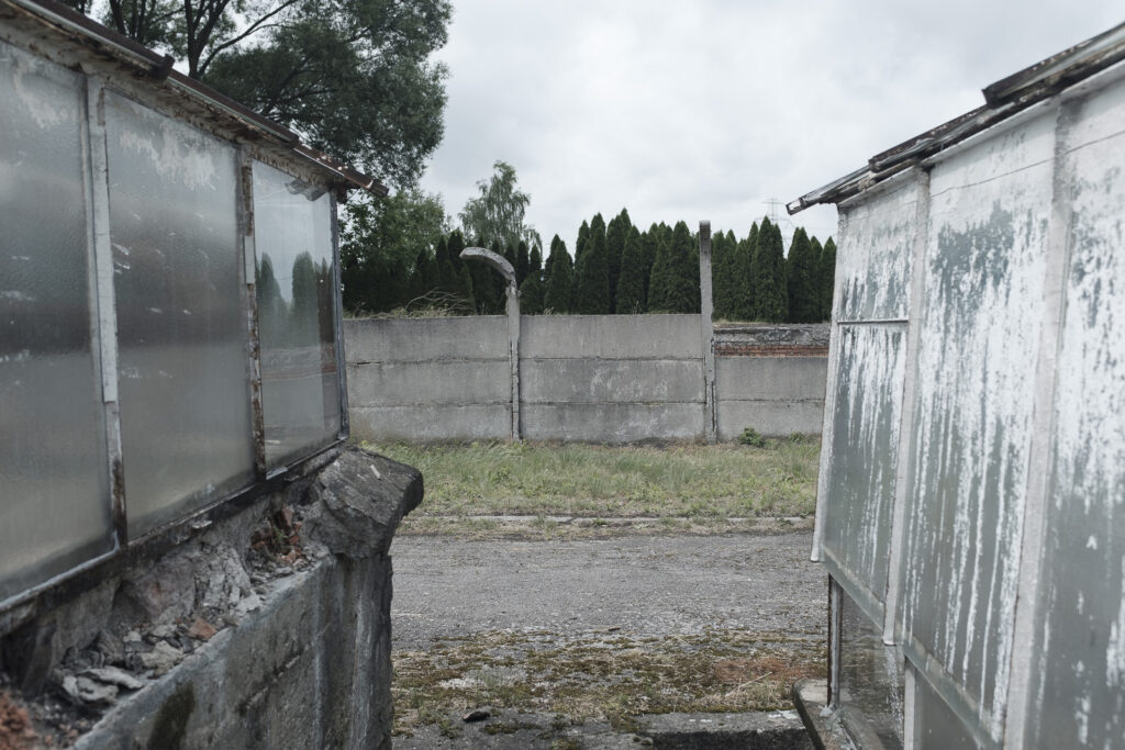 Weathered glass and concrete structures stand in a narrow yard at the former Wirtschaftshof Raisko forced labour subcamp, with a perimeter wall and conifer trees visible beyond.